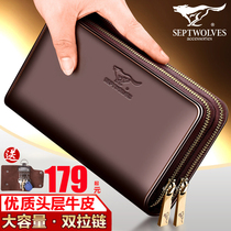 Seven Wolves Mens Handbag Mens Handbag Genuine Leather Soft Leather Handbag for Mens Business Large-Capacity Hand Grip Bag double zipped wallet
