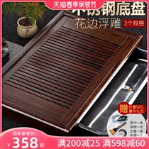 God Sculpted Black Sandalwood Tea Tray Solid Wood Large Medium Size Stainless Steel Tea Totray Tea Set Water Storage Tea Sea Home Tea Table