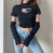 H home Europe and the United States sweet and spicy wind love plaid short T-shirt female wooden ear small high collar black sleeve two wear bottom clothes