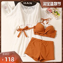 Swimsuit womens summer 2021 new cover belly thin Korean fairy fan sexy gathered conservative blouse hot spring three-piece set
