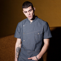 Domilai chef clothing long-sleeved top Hotel chef Western restaurant Denim back kitchen overalls mens short-sleeved summer