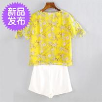 2019k Cloth New Spring Summer Womens Clothing Crushed Flower Cuffs Strap Blouses Pure Color High Waisted Shorts Suit 134