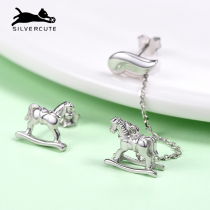 Cute silver rotating Trojan horse ear nail female summer 925 silver asymmetrical AB section Brief Joins wind earrings small and delicate temperament