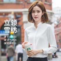 Chiffon stand collar shirt ladies long sleeve new summer 2021 thin white shirt high-grade feel top loose