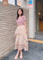 Seven Volume One cut pink little man lace-up round neck short sleeve t-shirt women pink floral skirt summer set 475