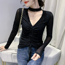 Europe station 2021 autumn and winter new fashion sexy V neckline pull-out rope T-shirt woman long sleeve mesh yarn blouse tights up to the bottom