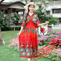 Cotton silk dress 2021 Spring Summer New ethnic style womens printed long Half sleeve V-neck loose skirt