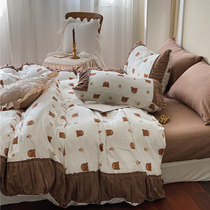 Korean-style bear cartoon style double-layer yarn four-piece set pure cotton soft Mori girl wood ear girl heart bedding