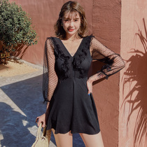 Korean holiday swimsuit female Conservative sexy one-piece dress Belly Belly thin boxer long sleeve student size swimsuit