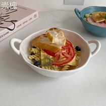 Day Style Retro Ceramic Binaural Bowl Pure Color Soup Noodle Small Bowl Han Version Ins Wind Dessert Salad Bowl Cutlery Dish