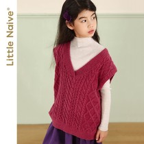 LittleNaive small naive autumn coat girl sleeveless vest middle child sweater solid color v neck sweater