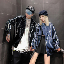 Mr Guochao autumn and winter reflective imitation leather jacket male loose version hip-hop couple ins super fire cec jacket
