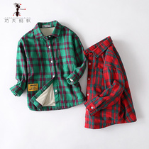  Boys plus velvet plaid shirt autumn and winter new middle and large children thickened warm childrens shirt long-sleeved Western style tide 3966