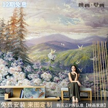 Hand-painted oil painting beautiful flower butterfly landscape living room TV background wallpaper sofa seamless wallpaper mural wall cloth