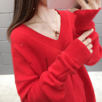  Autumn Korean version of V-neck casual sweater female pullover loose plus fat plus size fat mm knitted bottoming shirt thin on