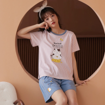 Fenten 2021 new pajamas womens short-sleeved shorts summer cotton thin cartoon pullover home suit two-piece set