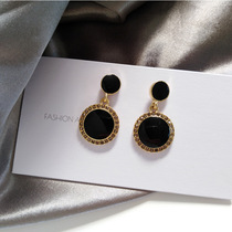 Black earrings Round simple style plated 925 silver needle earrings earrings set with diamonds Geometric retro black ear clip