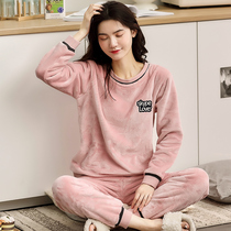 Large size 200 Jin women coral velvet pajamas autumn and winter women plus velvet padded winter flannel home suit set sy