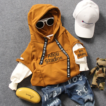 Spring children Korean version 2 color clothes boys and girls patch hoodie baby casual fake 2 hooded tops tide
