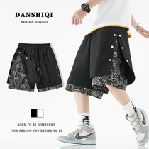 Shorts Mens summer thin ice silk five-point pants tide brand trend cashew flower fake two-piece outer wear breasted casual pants