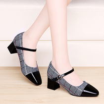 Mary Jane shoes summer coarse heel size French retro womens shoes 2021 new autumn shoes square head Middle heel Plaid single shoes