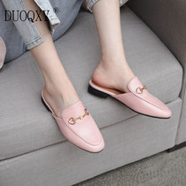 Title Buckle Semi drag Lazy Man Shoes Full Cow Leather Baotou Half Slippers Women Summer Wear Inn Wind Pink Flat-bottomed Mueller Shoes