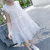 Korean girl dress summer new foreign style Korean solid color chiffon dress little girl white princess dress
