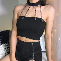  H home European and American ins street style metal chain hollow heart machine camisole female dark sexy halter top trend