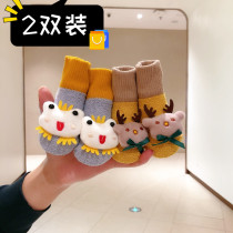 Newborn infant socks autumn and winter cotton thick velvet cartoon cute floor Baby double-sided velvet warm middle tube