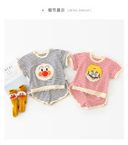 British next kid new male and female baby suit cartoon three-dimensional embroidery striped two-piece short-sleeved shorts tide