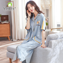 Short Sleeve Sleeping Skirt Woman Summer Cardiovert Pure Cotton Long With Kneecap Shirt Sleepwear Fresh Princess Wind Loose Pregnant Womans Home Dress
