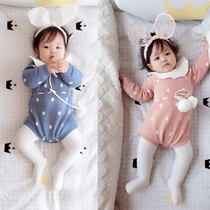 Korean autumn and winter female baby triangle knitted climbing suit Polka dot thick ruffle collar one-piece ins girls  clothing