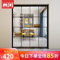 Pinger push-pull sliding door Balcony black very narrow frame glass door Kitchen Titanium magnesium alloy door Nordic glass partition door