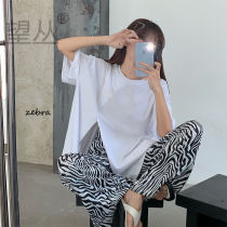 Summer new suit female Korean version of loose split short sleeve T-shirt Joker trend zebra wide leg pants two-piece set