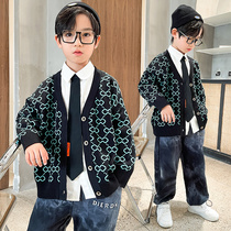Childrens clothing boys cardigan coat Spring and autumn childrens V-neck knitted sweater in the big childrens foreign style autumn clothes 2021 New Tide