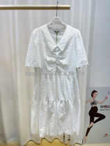 Aimei mommy 21 summer solid white pure embroidery hollow cotton V collar pregnant women short sleeve dress