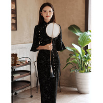 Long sleeve black cheongsam 2021 new young autumn model improved seven-point sleeve elegant temperament small man national tide