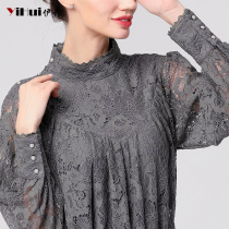 Spring dress 2021 New lace shirt base shirt womens long sleeve jacket hollow long sleeve shirt gray thin belly