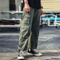 cargo overalls straight loose Japanese all-in-one trend drop sense wide leg French nine-point casual pants for men