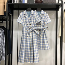 MRMW2021 new summer double-breasted plaid dress female OL temperament fashion lace-up waist slim A- line dress