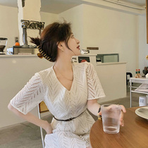 Mularsa Heben Wind Style Hollowed-out Embroidery V Collar Dress Woman 2022 new collection waist open fork lace dress Summer