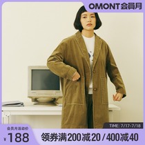 Omont egg tarts home retro loose corduroy windbreaker Female student wild medium-long windbreaker autumn and winter