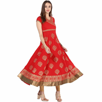 Indian dance practice suit short sleeve large swing dress performance dress print next to Anna woman ethnic wind pure cotton red