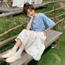 Summer suit hipster students loose Korean embroidery short sleeve t-shirt women flower ins skirt two-piece tide