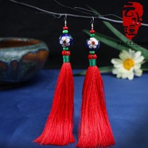 National Wind Handmade Retro Red Long style Stream Suearrings Bridal Performance Stage Gameplay Earrings Earrings Pendant