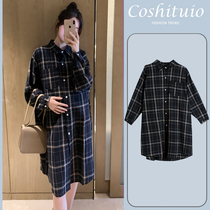 Pregnant women autumn dress loose plaid shirt dress 2021 new long fashion pregnant women long sleeve tide mother
