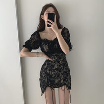 H home early spring small fragrant wind perspective sexy lace pleated dress drawstring strap bubble sleeve square collar hip skirt