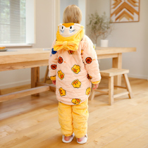 Girls Coral Velvet Three-Layer Cotton Pajamas Autumn and Winter Thickened Children Flannel Home Clothes Set Girls Long
