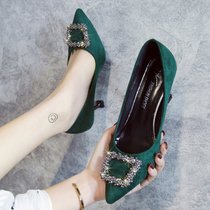 Green high heels women with 5cm pointed sexy red Bride wedding shoes wedding autumn rhinestones one word buckle green shoes
