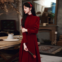 Toast Bride 2021 New autumn and winter wine red wedding dress back engagement dress velvet long sleeve
